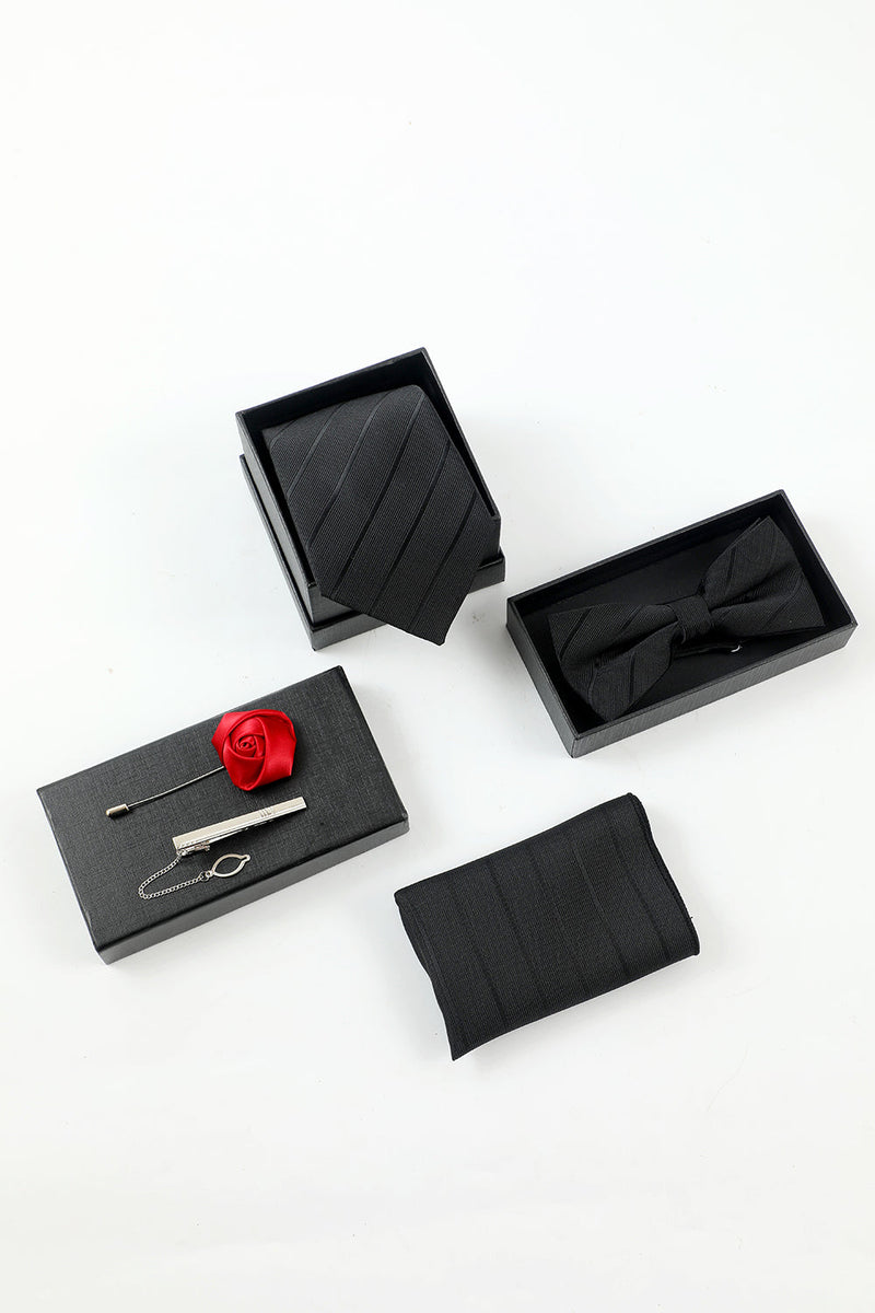 Afbeelding in Gallery-weergave laden, Zwarte streep heren 5-delige accessoire set stropdas en vlinderdas pocket vierkante bloem revers pin tie clip
