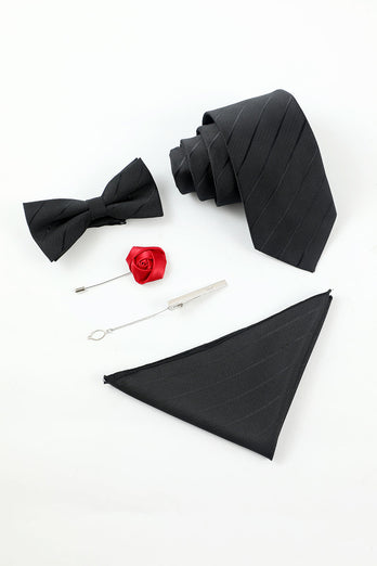 Zwarte streep heren 5-delige accessoire set stropdas en vlinderdas pocket vierkante bloem revers pin tie clip