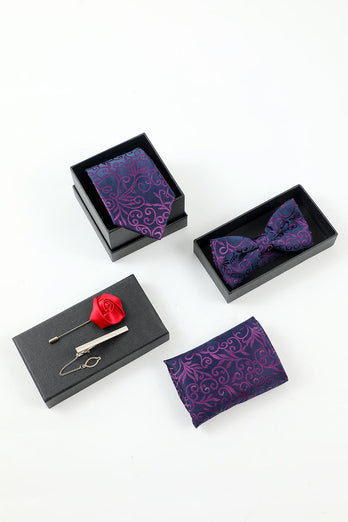 Paarse Jacquard Heren 5-delige Accessoire Set Tie en Vlinderdas Pocket Vierkante Bloem Revers Pin Tie Clip