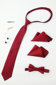Bourgondië Heren Accessoire Set Tie en Vlinderdas Twee Pocket Vierkante Revers Pin Tie Clip Manchetknopen
