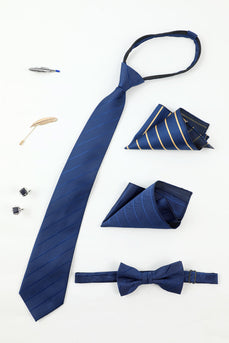 Royal Blue Heren Accessoire Set Stripe Tie en Vlinderdas Twee Pocket Vierkante Revers Pin Tie Clip Manchetknopen