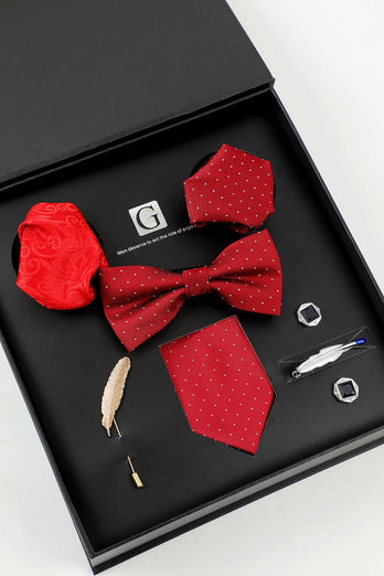 Rode Heren Accessoire Set Tie en Vlinderdas Twee Pocket Vierkante Revers Pin Tie Clip Manchetknopen