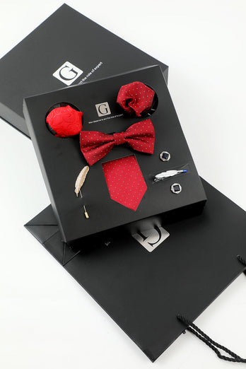 Rode Heren Accessoire Set Tie en Vlinderdas Twee Pocket Vierkante Revers Pin Tie Clip Manchetknopen