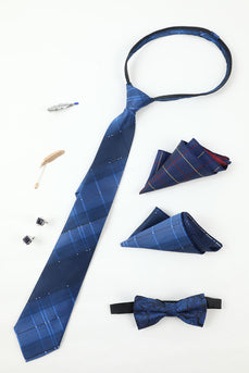Royal Blue Heren Accessoire Set Stropdas en Jacquard Vlinderdas Twee Pocket Vierkante Revers Pin Tie Clip Manchetknopen