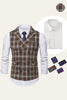 Afbeelding in Gallery-weergave laden, Coffee Peak Revers Plaid Heren Vest met Shirt Accessoires Set