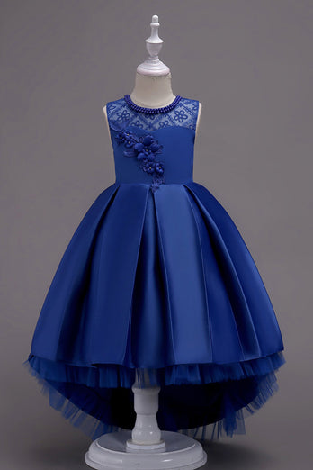 Hoge lage blauwe bloem meisje jurk met kralen