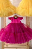 Tule Cap Mouwen Fuchsia Flower Girl Jurk