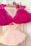 Tule Cap Mouwen Fuchsia Flower Girl Jurk