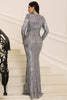 Afbeelding in Gallery-weergave laden, Zilveren sprankelende lange mouwen Moeder van de bruid jurk met franjes