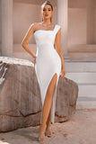 Witte One Shoulder Bodycon Midi Cocktailjurk met Split