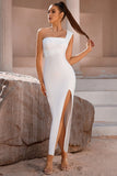 Witte One Shoulder Bodycon Midi Cocktailjurk met Split