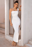 Witte One Shoulder Bodycon Midi Cocktailjurk met Split