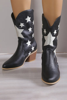 Sterren Zwarte Chunky Heel Puntige Teen Western Boots