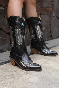 Zwart borduurwerk Mid Calf Chunky Heel Western Boots