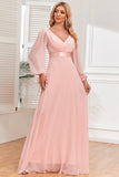 Chiffon V-hals Blush formele jurk met lange mouwen