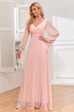 Chiffon V-hals Blush formele jurk met lange mouwen