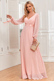 Chiffon V-hals Blush formele jurk met lange mouwen