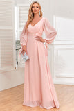 Chiffon V-hals Blush formele jurk met lange mouwen