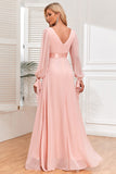 Chiffon V-hals Blush formele jurk met lange mouwen