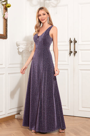 V-hals mouwloze paarse formele jurk met split