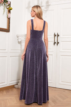 V-hals mouwloze paarse formele jurk met split