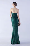 Donkergroene strapless pailletten schede formele jurk met veer