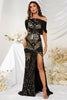 Afbeelding in Gallery-weergave laden, Zwart goud zeemeermin één schouder pailletten Prom jurk met split