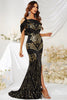 Afbeelding in Gallery-weergave laden, Zwart goud zeemeermin één schouder pailletten Prom jurk met split