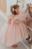 Blush roze A Line Tule meisjesjurk met kapmouwen