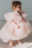 Blush roze A Line Tule meisjesjurk met kapmouwen