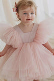 Blush roze A Line Tule meisjesjurk met kapmouwen