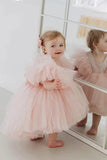 Blush roze A Line Tule meisjesjurk met kapmouwen