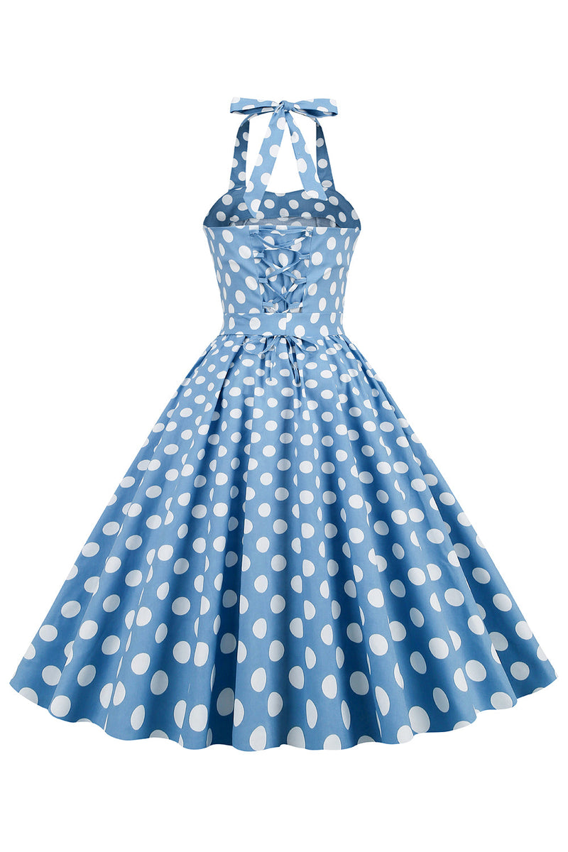 Afbeelding in Gallery-weergave laden, Halter Blue Polka Dots jaren 1950 Jurk