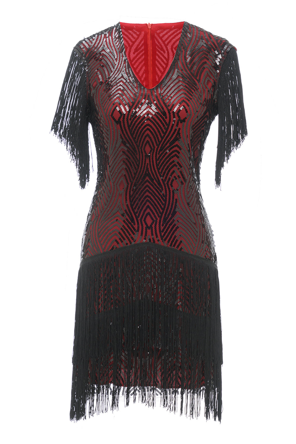 Zwart Rood V Hals 1920s Party Dress