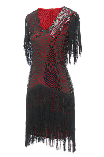 Zwart Rood V Hals 1920s Party Dress