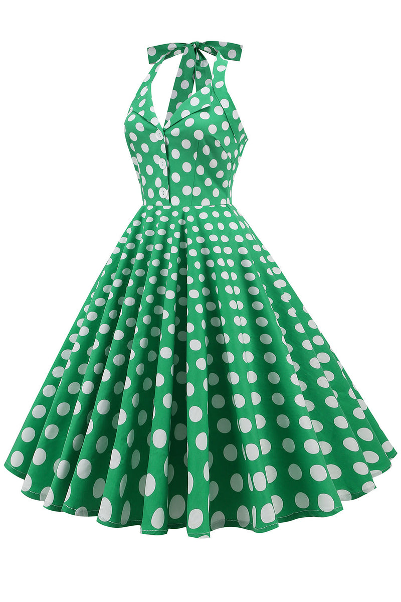 Afbeelding in Gallery-weergave laden, Groene Halter Polka Dots jaren 1950 Jurk