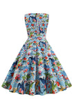 Lichtblauwe Bloemen Vintage jaren 1950 Jurk