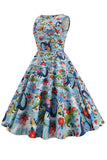 Lichtblauwe Bloemen Vintage jaren 1950 Jurk