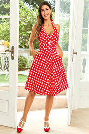 Hepburn Stijl Halter Hals Rode Knop Polka Dots 1950s Jurk