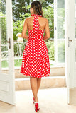 Hepburn Stijl Halter Hals Rode Knop Polka Dots 1950s Jurk