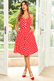 Hepburn Stijl Halter Hals Rode Knop Polka Dots 1950s Jurk