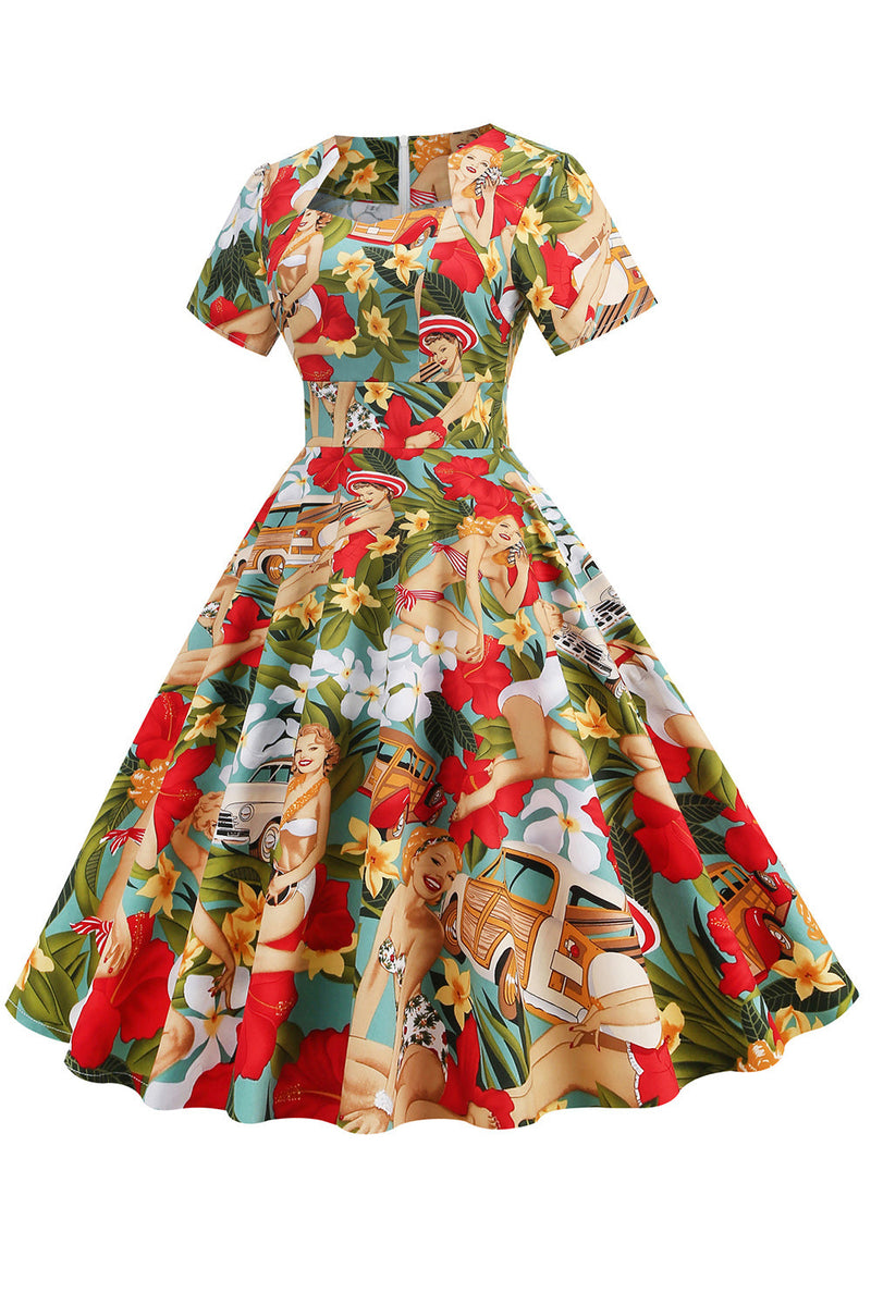 Afbeelding in Gallery-weergave laden, Geel en groen bloemen Vintage jaren 1950 jurk met mouwen