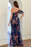 Navy One Shoulder Pailletten Galajurk met Spleet