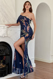 Navy One Shoulder Pailletten Galajurk met Spleet