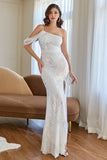 Navy One Shoulder Pailletten Galajurk met Spleet