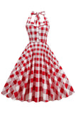 Rode Geruite Halter jaren 1950 Swing Jurk