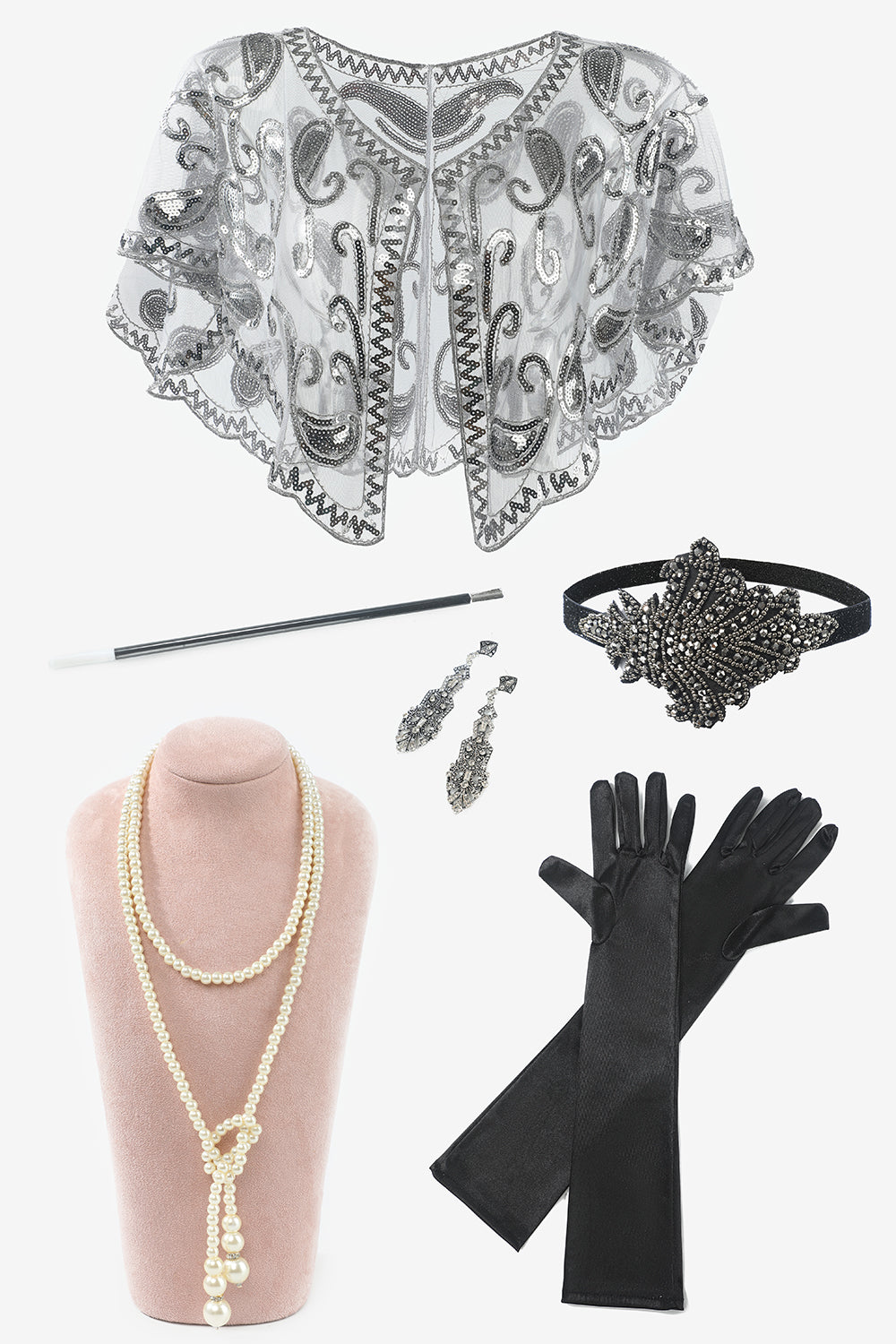 Zeven stuks ketting handschoenen 1920s party accessoires set