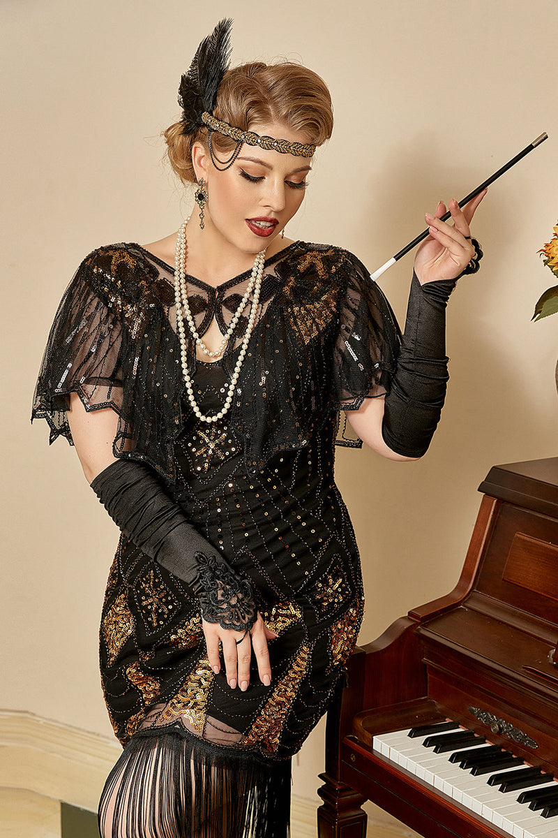 Afbeelding in Gallery-weergave laden, Zwarte Zes Stuks Wrap Zendspoel 1920s Accessoires Set