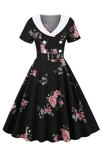 Zwarte vintage jurk met bloemenprint en riem