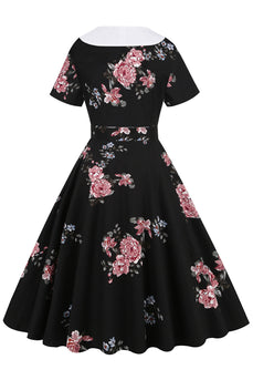 Zwarte vintage jurk met bloemenprint en riem